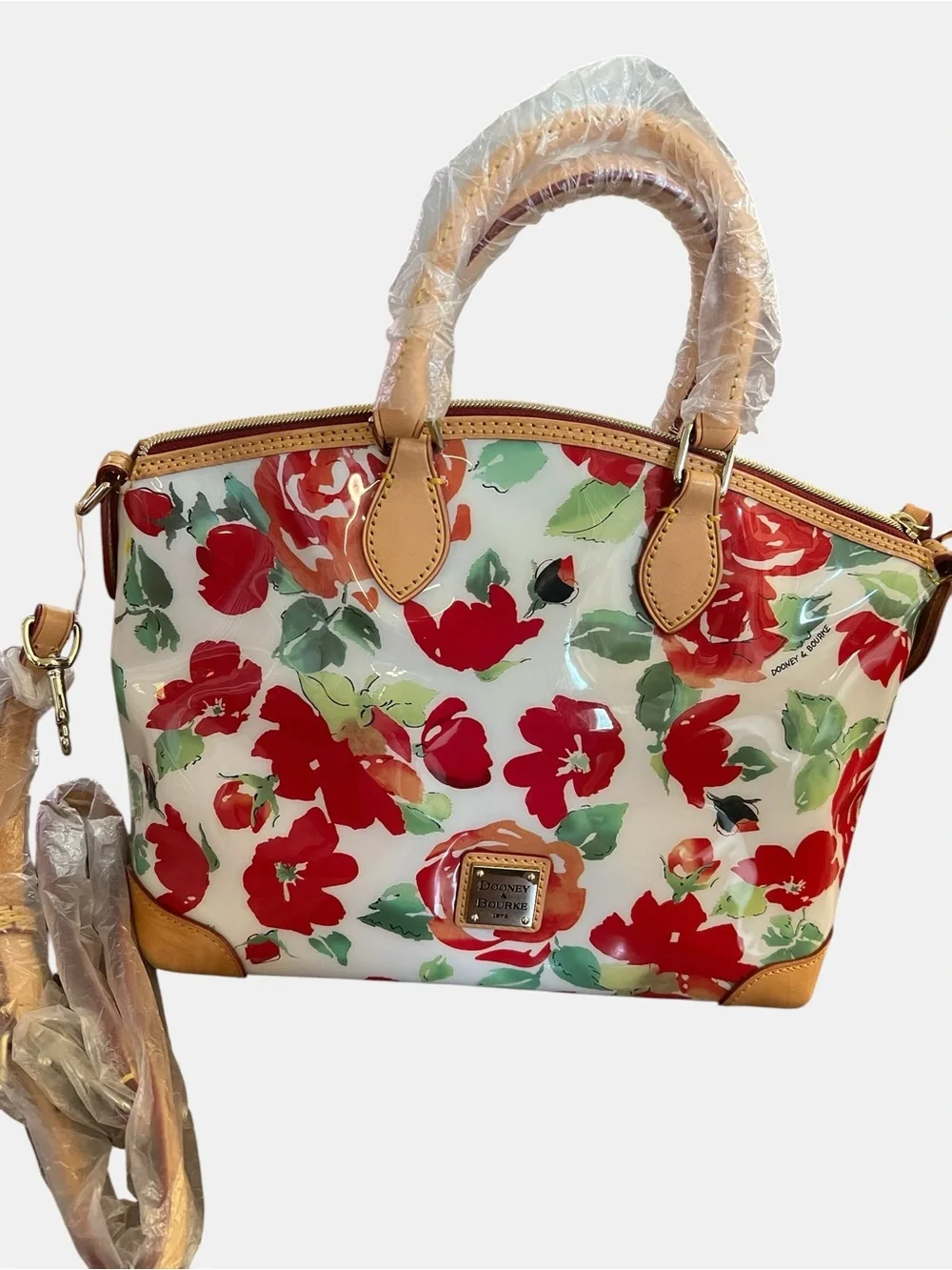 Dooney & Bourke Floral Dome Satchel with Red Floral Print and Tan Leather Trim